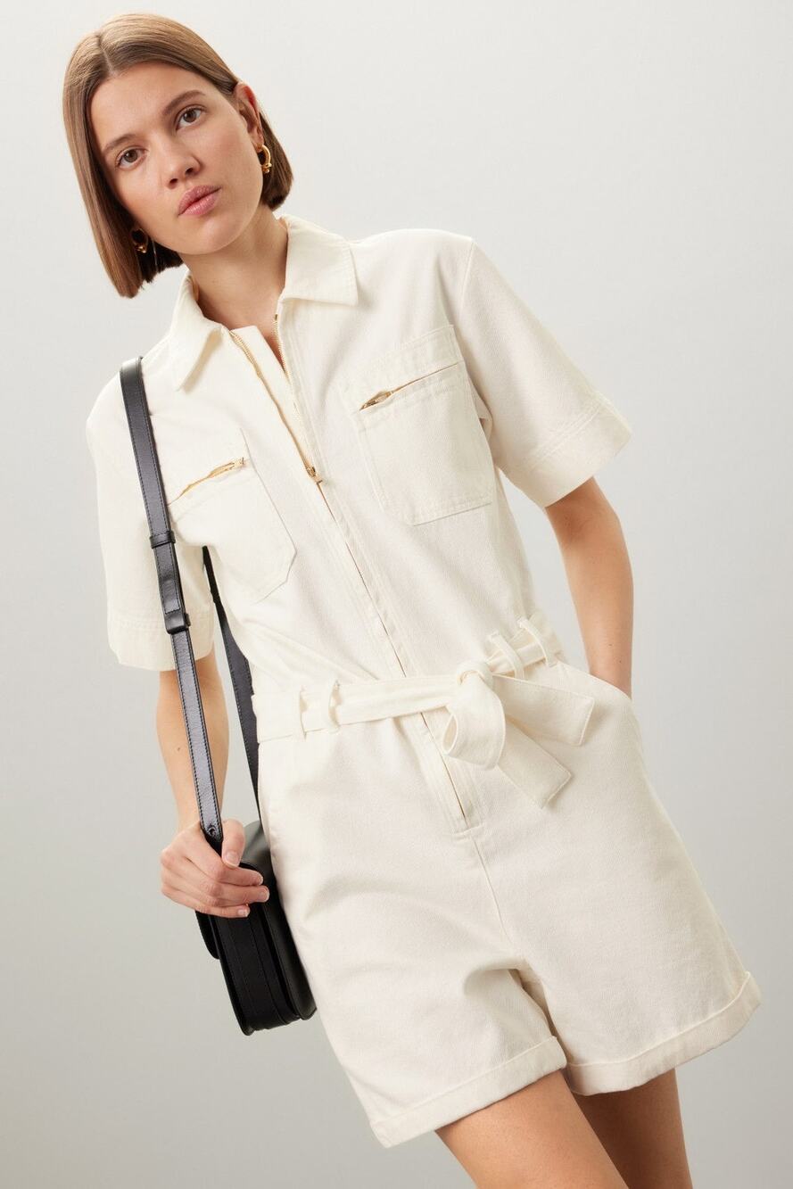 A.P.C. White Cotton Denim Collared Gold Zipper Front Tie Waist Romper Size 38